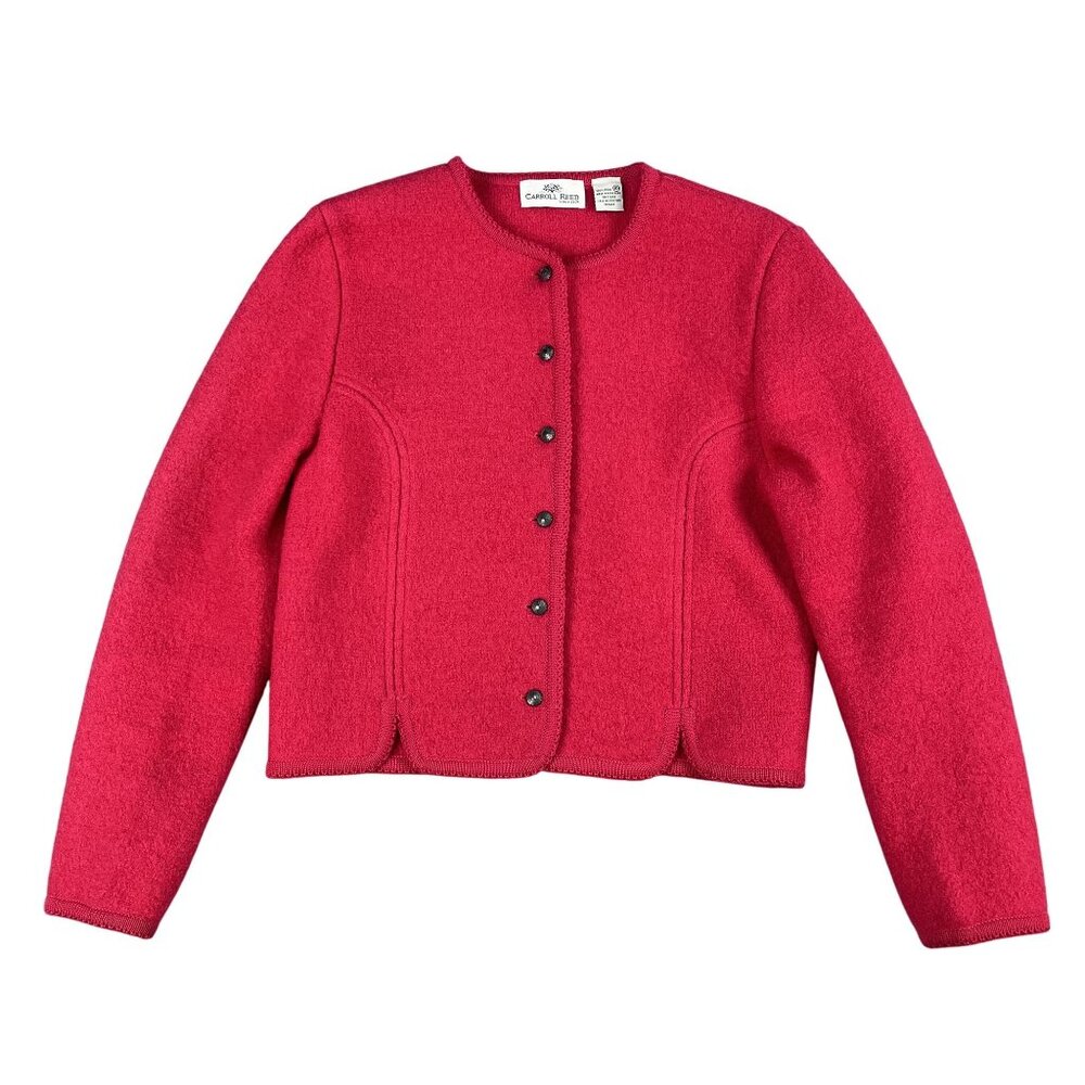 Carroll Reed Cardigan‎ Women 10 Pink Boiled Wool Button Front Vintage Scalloped